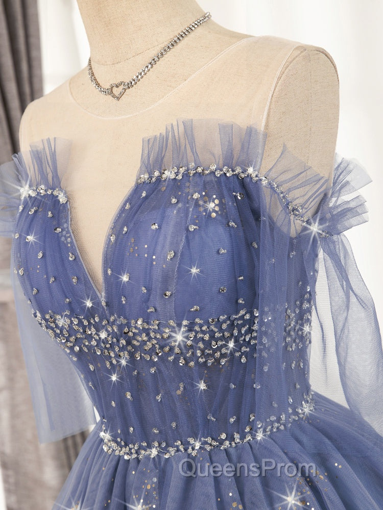 Blue Tulle Sequin Short Evening Prom Dress, Puffy Blue Homecoming Dress