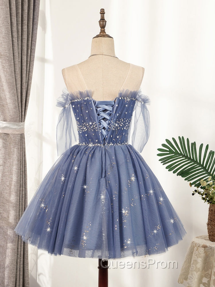 Blue Tulle Sequin Short Evening Prom Dress, Puffy Blue Homecoming Dress