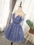Blue Tulle Sequin Short Evening Prom Dress, Puffy Blue Homecoming Dress