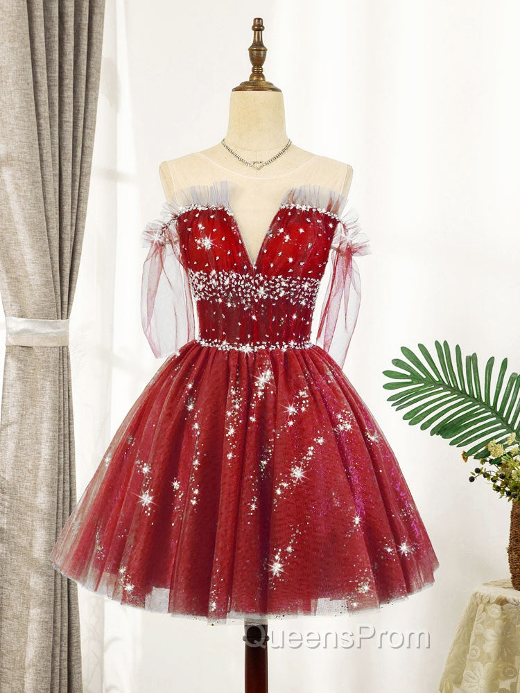 Blue Tulle Sequin Short Evening Prom Dress, Puffy Blue Homecoming Dress