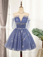 Blue Tulle Sequin Short Evening Prom Dress, Puffy Blue Homecoming Dress