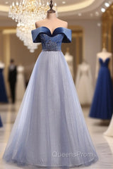 Blue Tulle Sequins Beading Off the Shoulder Evening Prom Dress