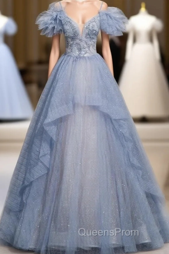 Blue Tulle Sequins Beading Spaghetti Straps Evening Prom Dress