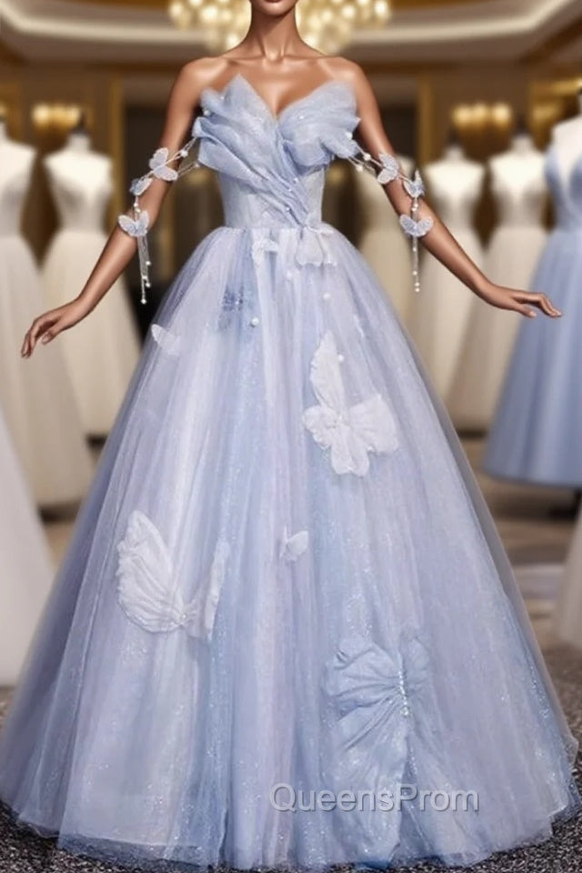 Blue Tulle Sequins Butterfly Evening Prom Dress