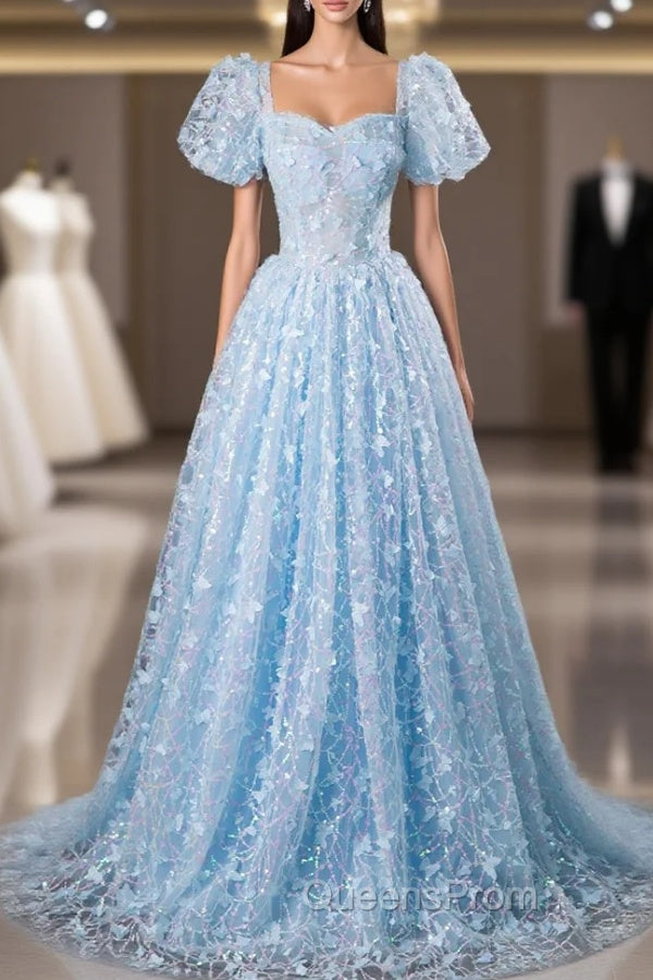 Blue Tulle Sequins Butterfly Short Sleeve Evening Prom Dress Main image