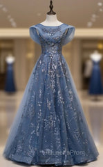 Blue Tulle Sequins Cap Sleeve Scoop Evening Prom Dress
