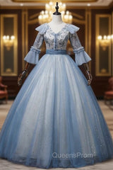 Blue Tulle Sequins Embroidery Short Sleeve Quinceanera Dress