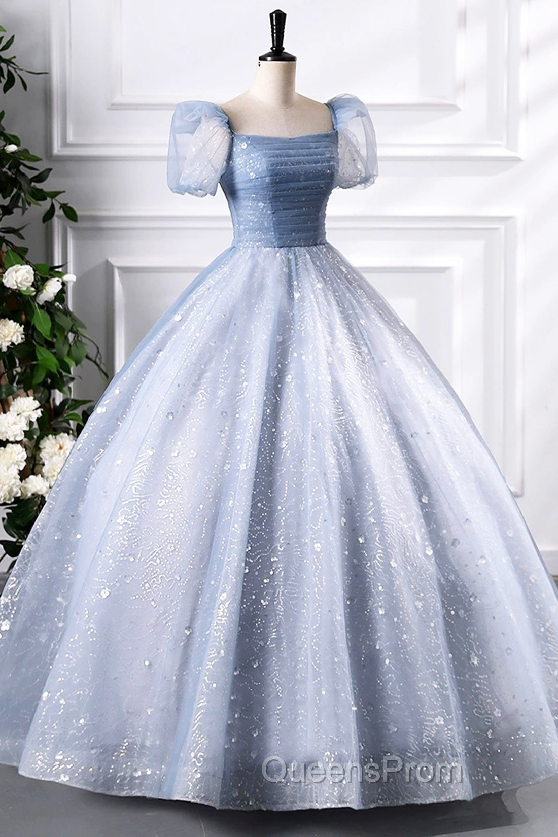 Blue Tulle Sequins Floor Length Evening Prom Dress, Elegant Short Sleeve Evening Party Dress