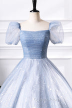 Blue Tulle Sequins Floor Length Evening Prom Dress, Elegant Short Sleeve Evening Party Dress