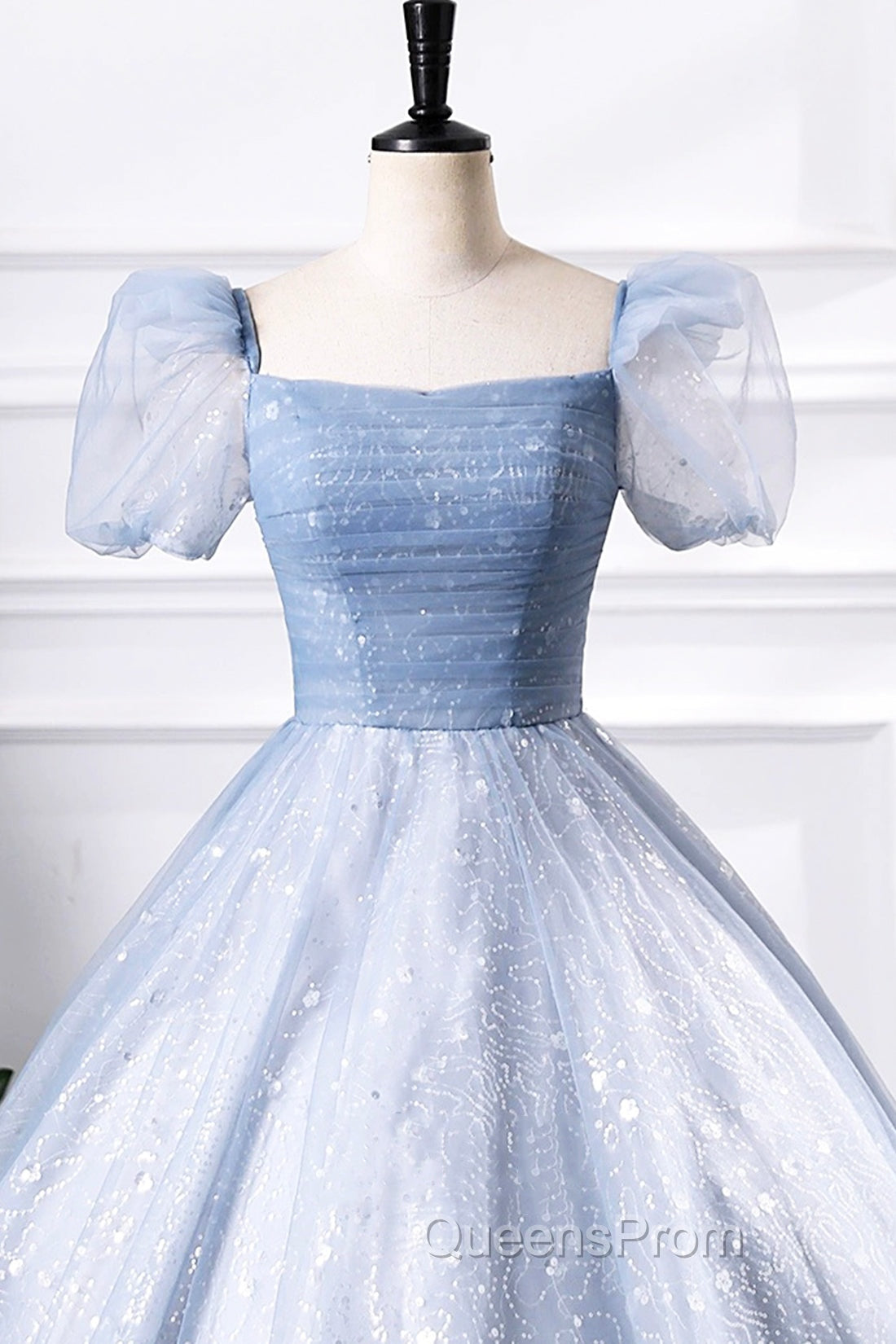 Blue Tulle Sequins Floor Length Evening Prom Dress, Elegant Short Sleeve Evening Party Dress