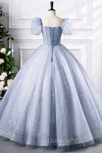 Blue Tulle Sequins Floor Length Evening Prom Dress, Elegant Short Sleeve Evening Party Dress