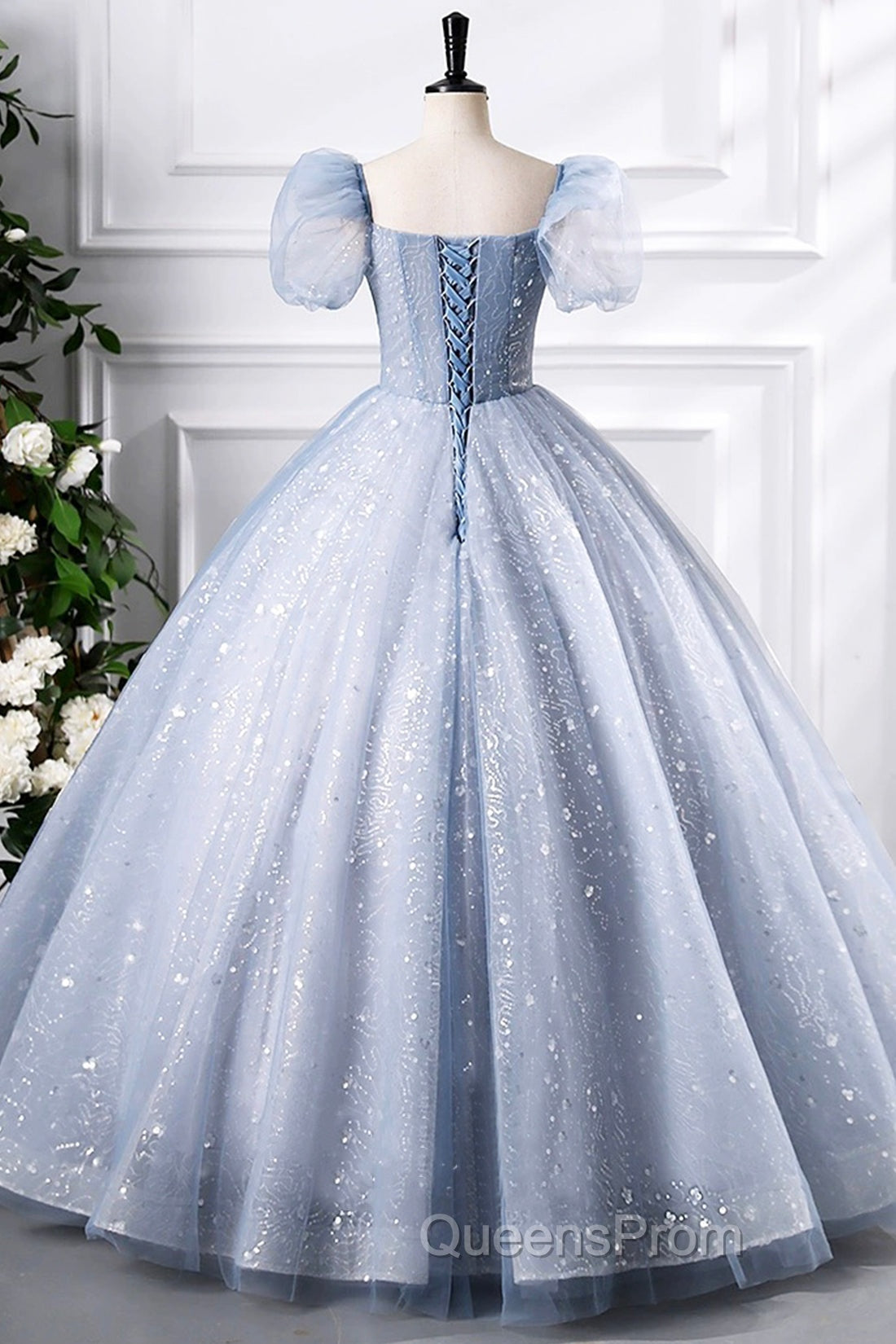 Blue Tulle Sequins Floor Length Evening Prom Dress, Elegant Short Sleeve Evening Party Dress