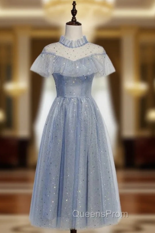 Blue Tulle Sequins High Neck Cap Sleeve Tea Length Evening Prom Dress Main image
