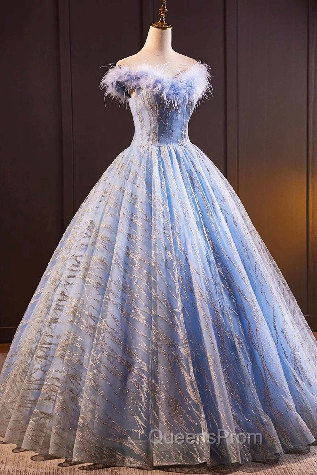 Blue Tulle Sequins Long A-Line Evening Prom Dress with Feather, Off the Shoulder Evening Party Dress Secondary image
