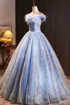 Blue Tulle Sequins Long A-Line Evening Prom Dress with Feather, Off the Shoulder Evening Party Dress