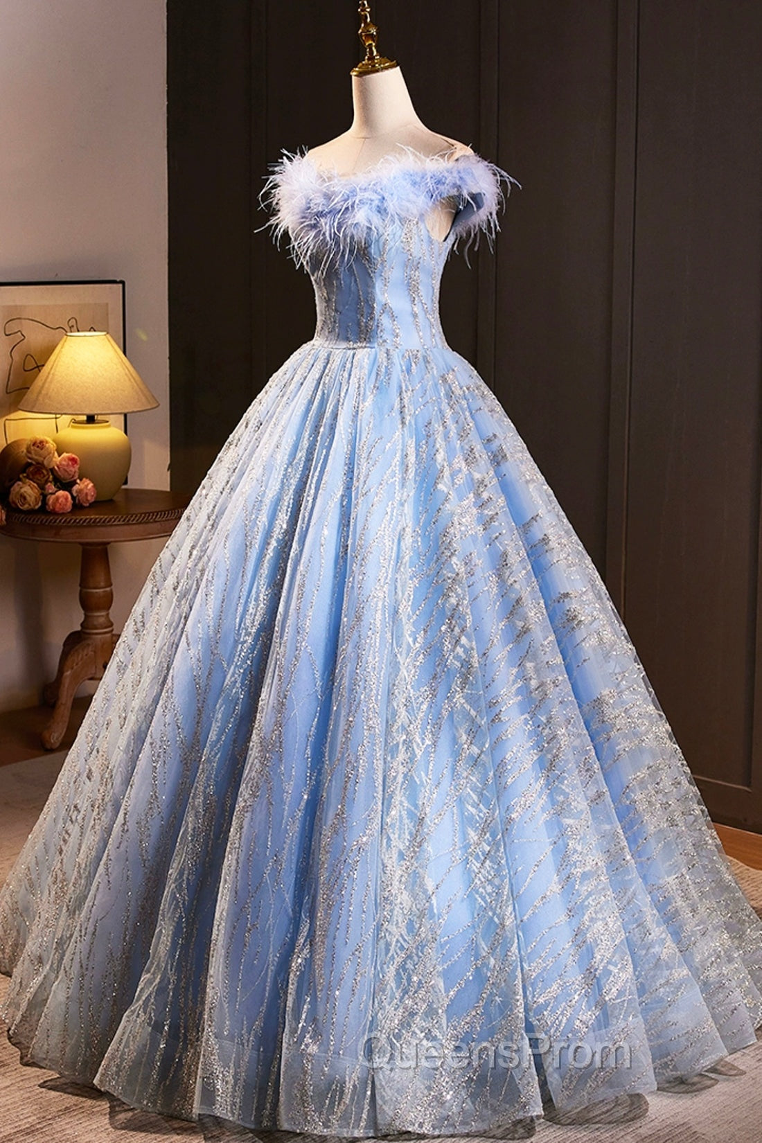 Blue Tulle Sequins Long A-Line Evening Prom Dress with Feather, Off the Shoulder Evening Party Dress