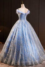 Blue Tulle Sequins Long A-Line Evening Prom Dress with Feather, Off the Shoulder Evening Party Dress