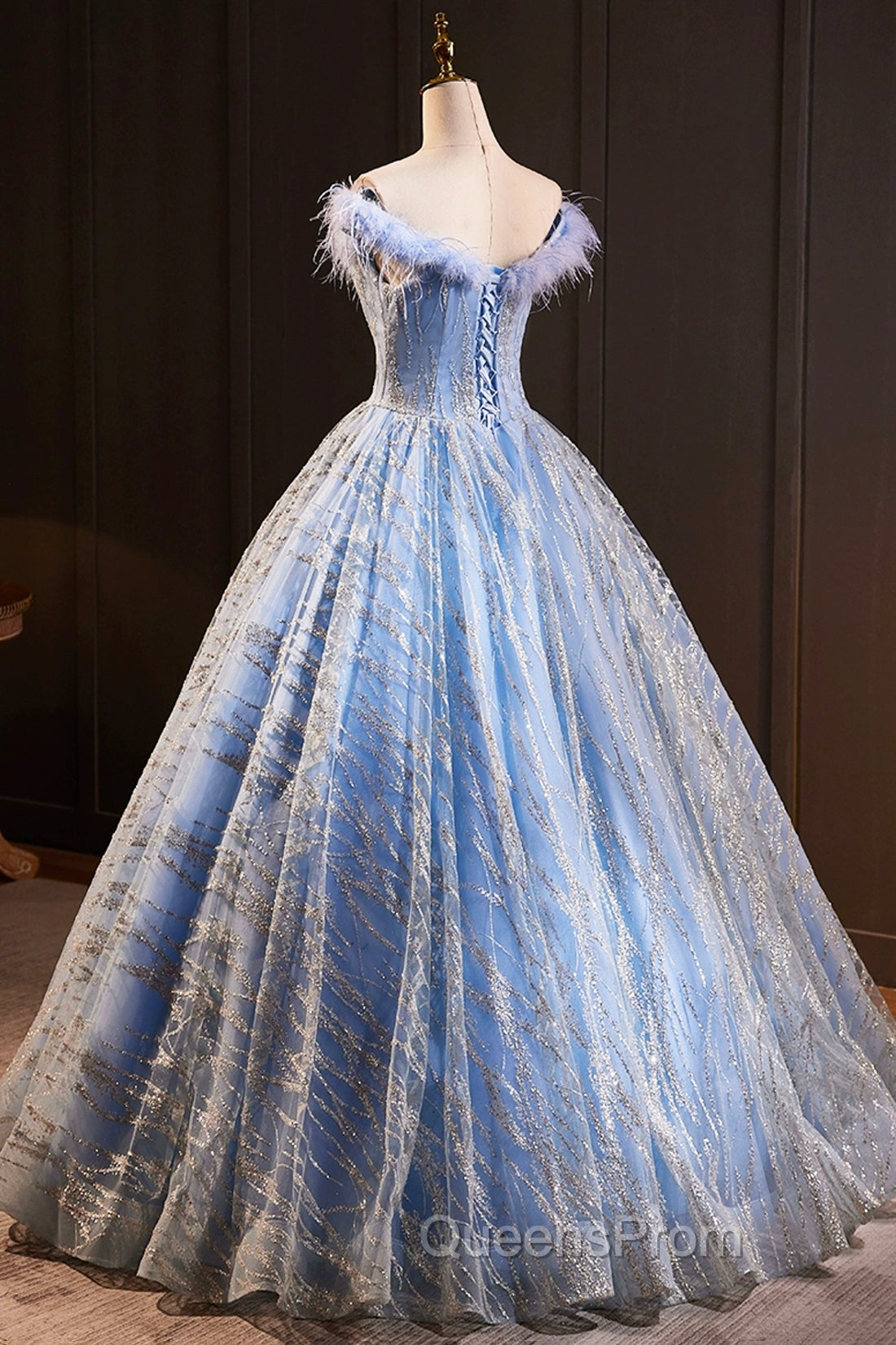 Blue Tulle Sequins Long A-Line Evening Prom Dress with Feather, Off the Shoulder Evening Party Dress