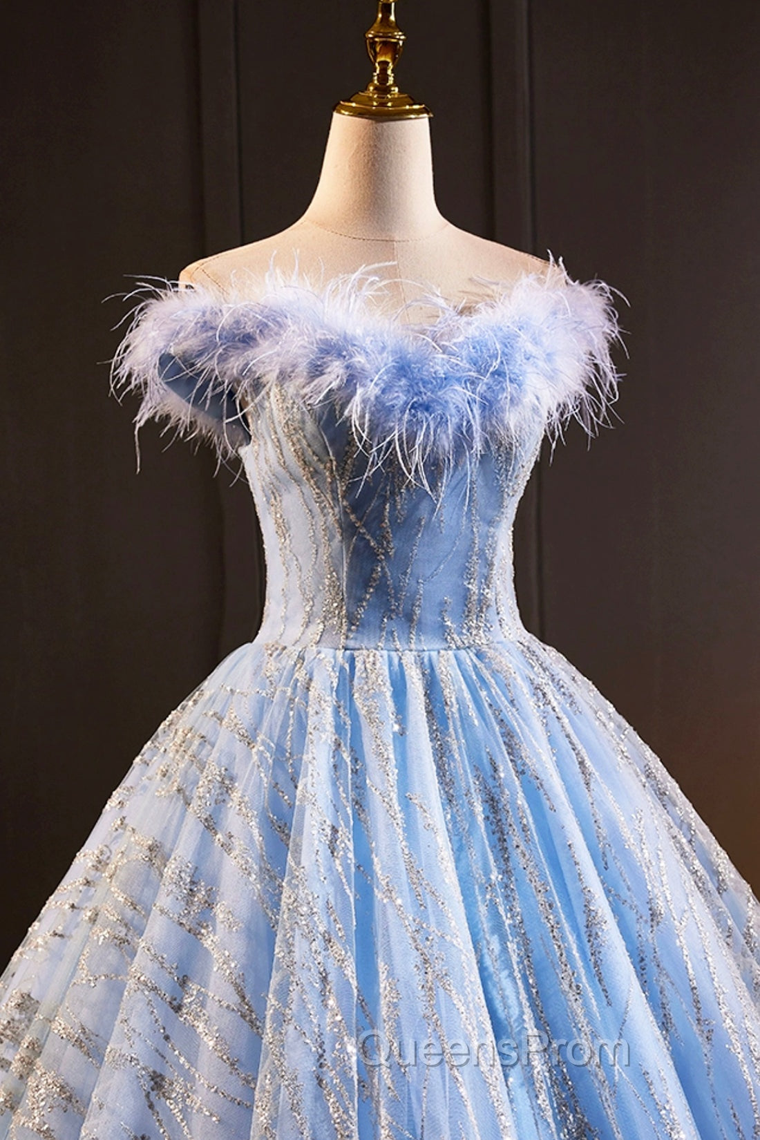 Blue Tulle Sequins Long A-Line Evening Prom Dress with Feather, Off the Shoulder Evening Party Dress