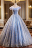 Blue Tulle Sequins Long A-Line Evening Prom Dress with Feather, Off the Shoulder Evening Party Dress