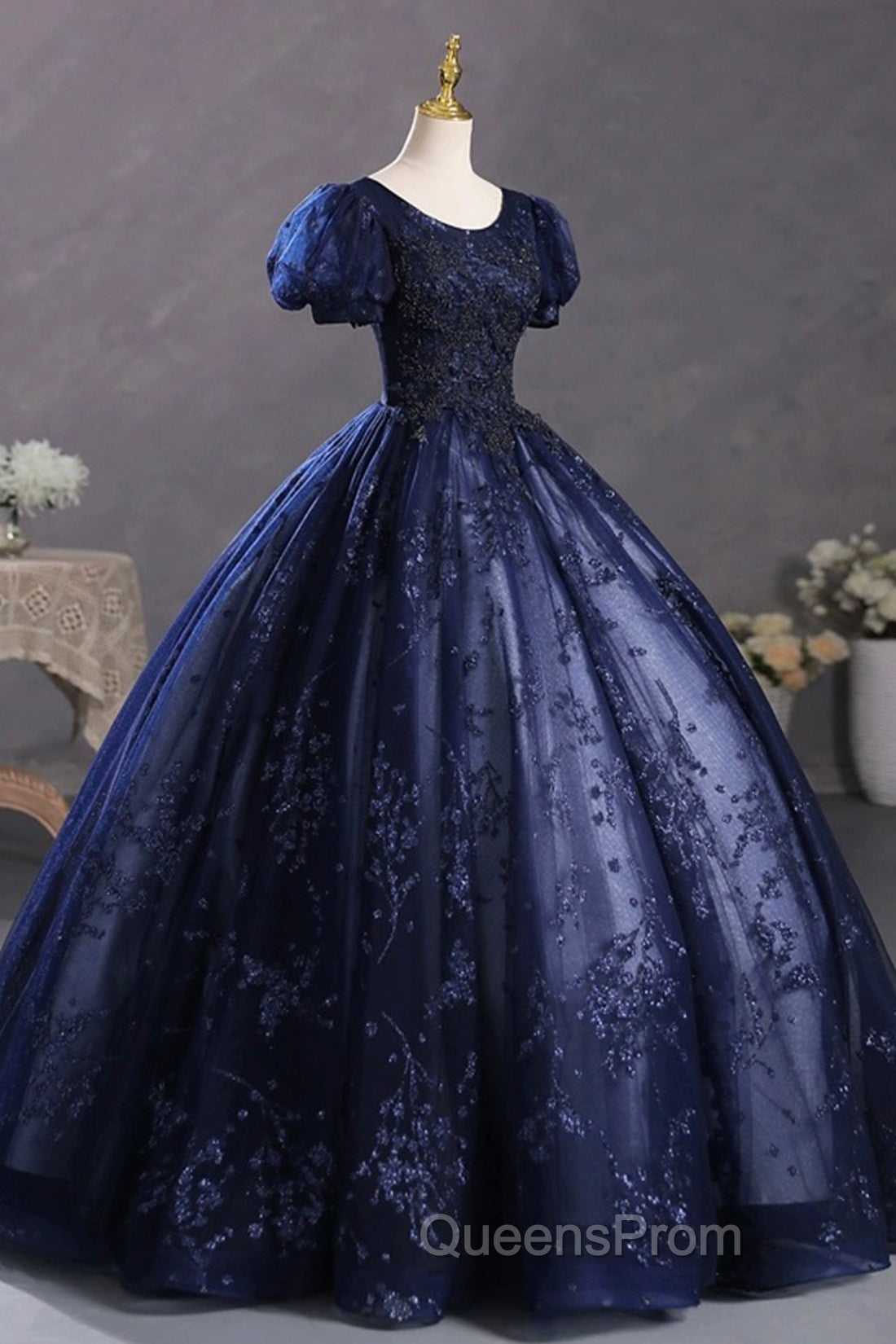 Blue Tulle Sequins Long Evening Dress, A-Line Short Sleeve Evening Party Dress Secondary image