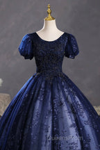Blue Tulle Sequins Long Evening Dress, A-Line Short Sleeve Evening Party Dress