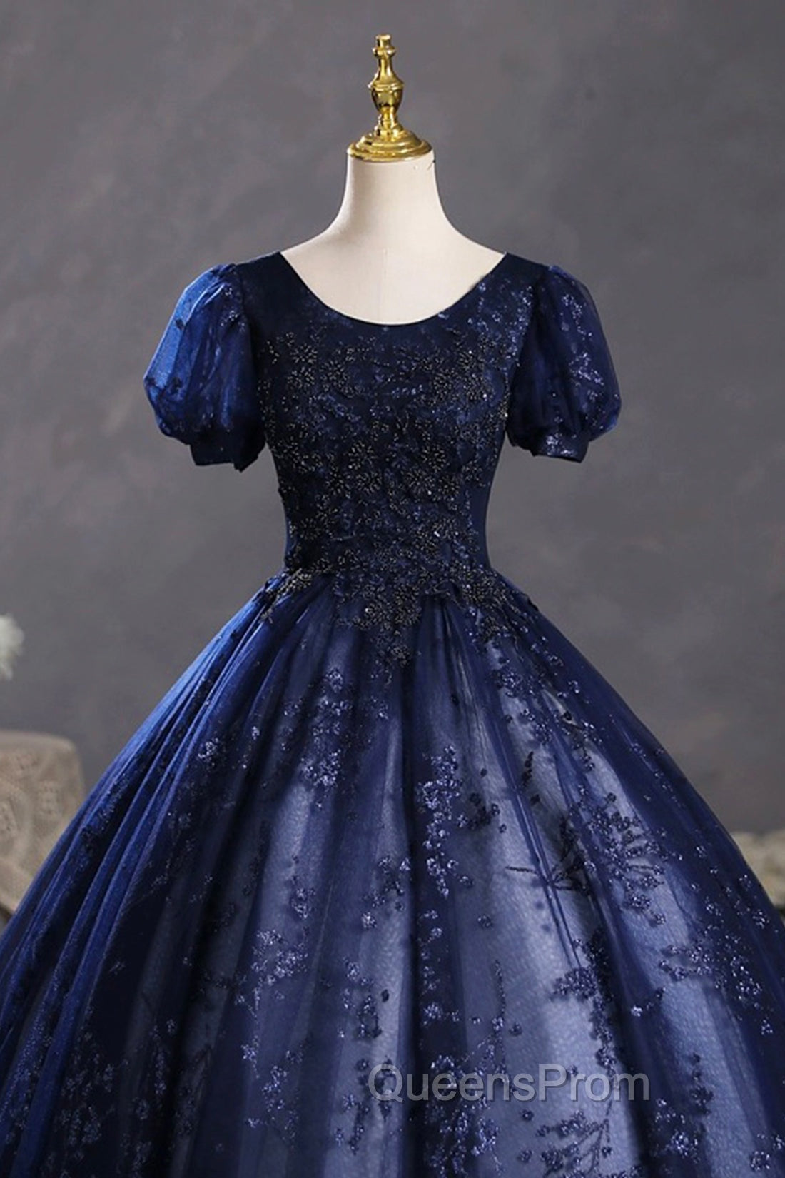 Blue Tulle Sequins Long Evening Dress, A-Line Short Sleeve Evening Party Dress