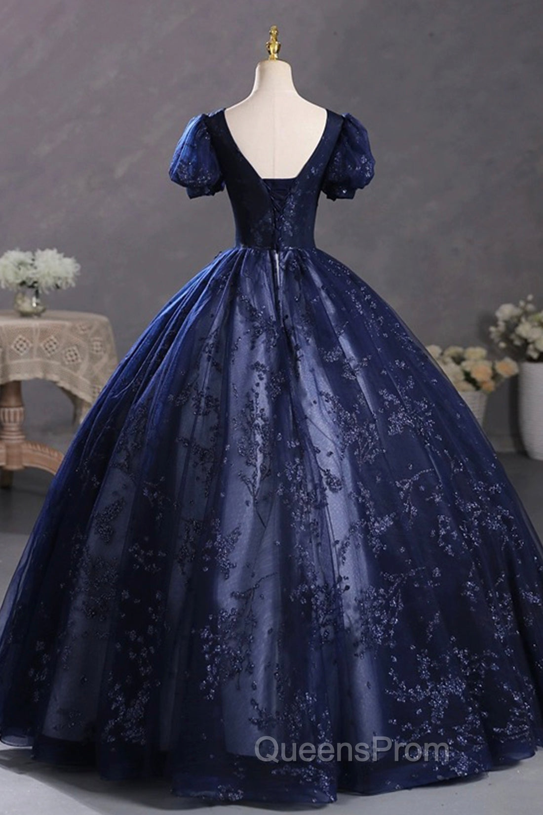 Blue Tulle Sequins Long Evening Dress, A-Line Short Sleeve Evening Party Dress