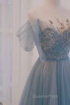 Blue Tulle Sequins Long Evening Prom Dress, A-Line Scoop Neckline Party Dress