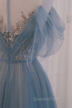 Blue Tulle Sequins Long Evening Prom Dress, A-Line Scoop Neckline Party Dress