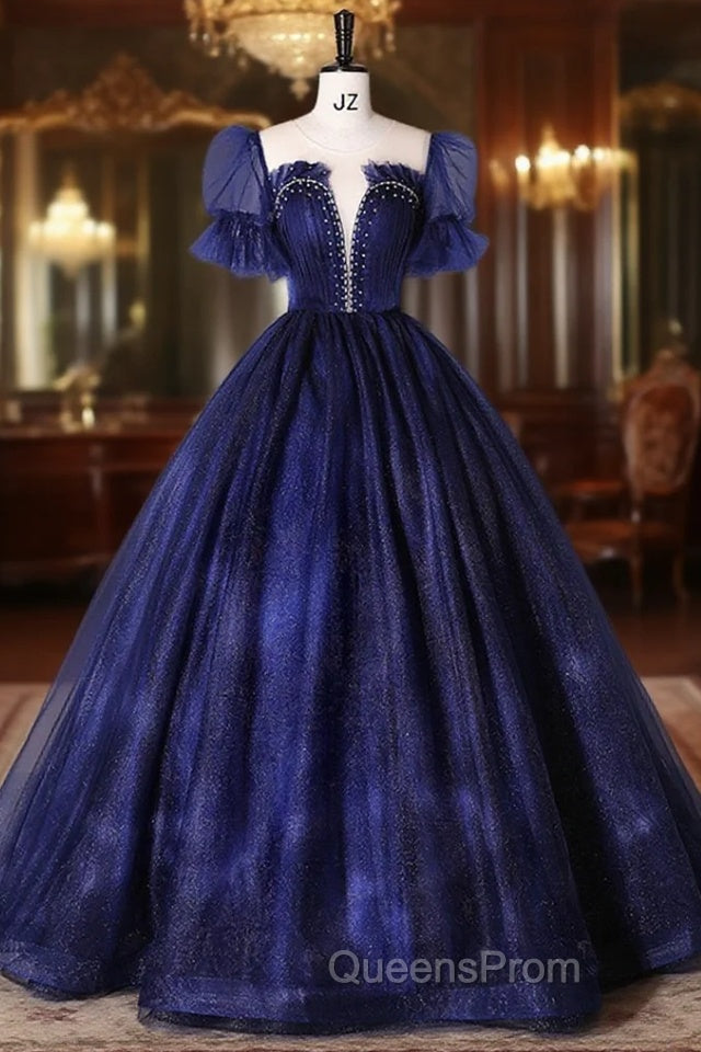 Blue Tulle Sequins Long Evening Prom Dress Blue Evening Gown Main image