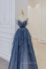 Blue Tulle Sequins Long Evening Prom Gown, Blue Spaghetti Straps Evening Dress