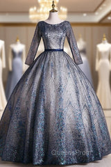 Blue Tulle Sequins Long Sleeve Quinceanera Dress