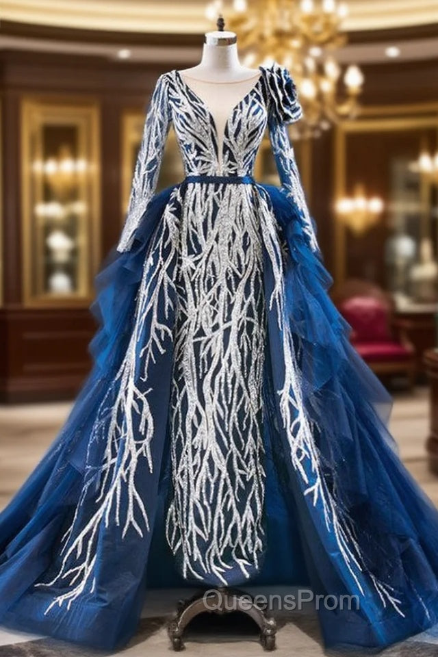 Blue Tulle Sequins Long Sleeve Rose Flower Evening Prom Dress