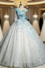 Blue Tulle Sequins Off the Shoulder Appliques Quinceanera Dress
