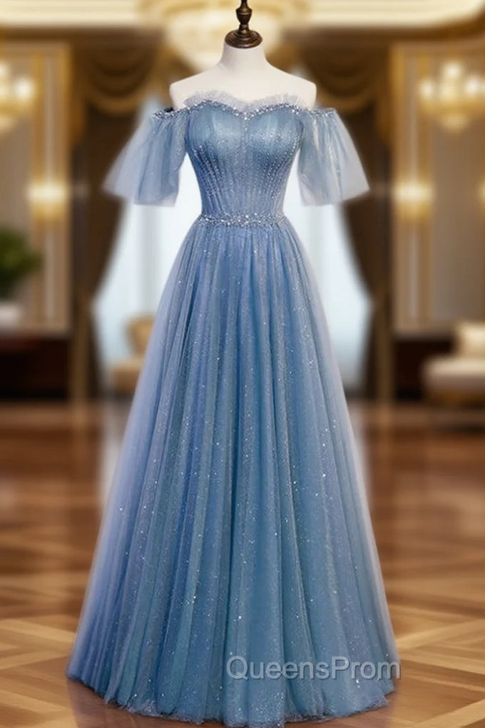Blue Tulle Sequins Off the Shoulder Beading Pleats Evening Prom Dress