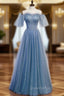 Blue Tulle Sequins Off the Shoulder Beading Pleats Evening Prom Dress