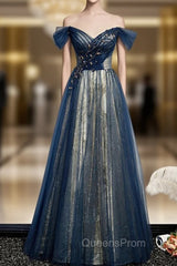 Blue Tulle Sequins Off the Shoulder Beading Evening Prom Dress