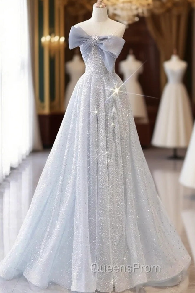 Blue Tulle Sequins Off the Shoulder Bow Evening Prom Dress Main image