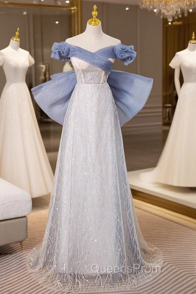 Blue Tulle Sequins Off the Shoulder Bow Evening Prom Dress Main image