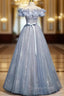 Blue Tulle Sequins Off the Shoulder Flower Beading Evening Prom Dress