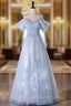 Blue Tulle Sequins Off the Shoulder Lace Beading Evening Prom Dress