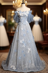 Blue Tulle Sequins Off the Shoulder Lace Flower Evening Prom Dress