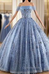 Blue Tulle Sequins Off the Shoulder Pearls Quinceanera Dress