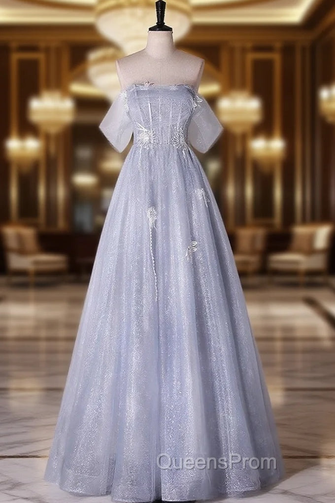 Blue tUlle Sequins Off the Shoulder Evening Prom Dress