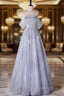 Blue tUlle Sequins Off the Shoulder Evening Prom Dress