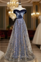 Blue Tulle Sequins Off the Shoulder Evening Prom Dress