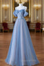 Blue Tulle Sequins Pearls Spaghetti Straps Evening Prom Dress