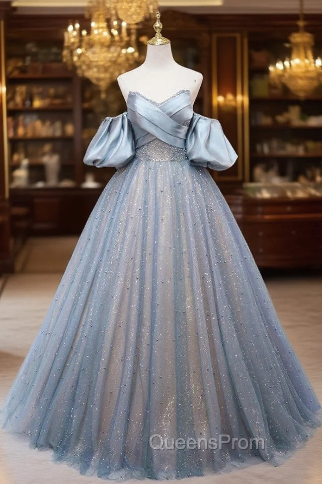 Blue Tulle Sequins Pearls Strapless Evening Prom Dress