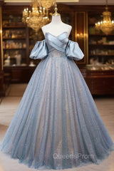 Blue Tulle Sequins Pearls Strapless Evening Prom Dress